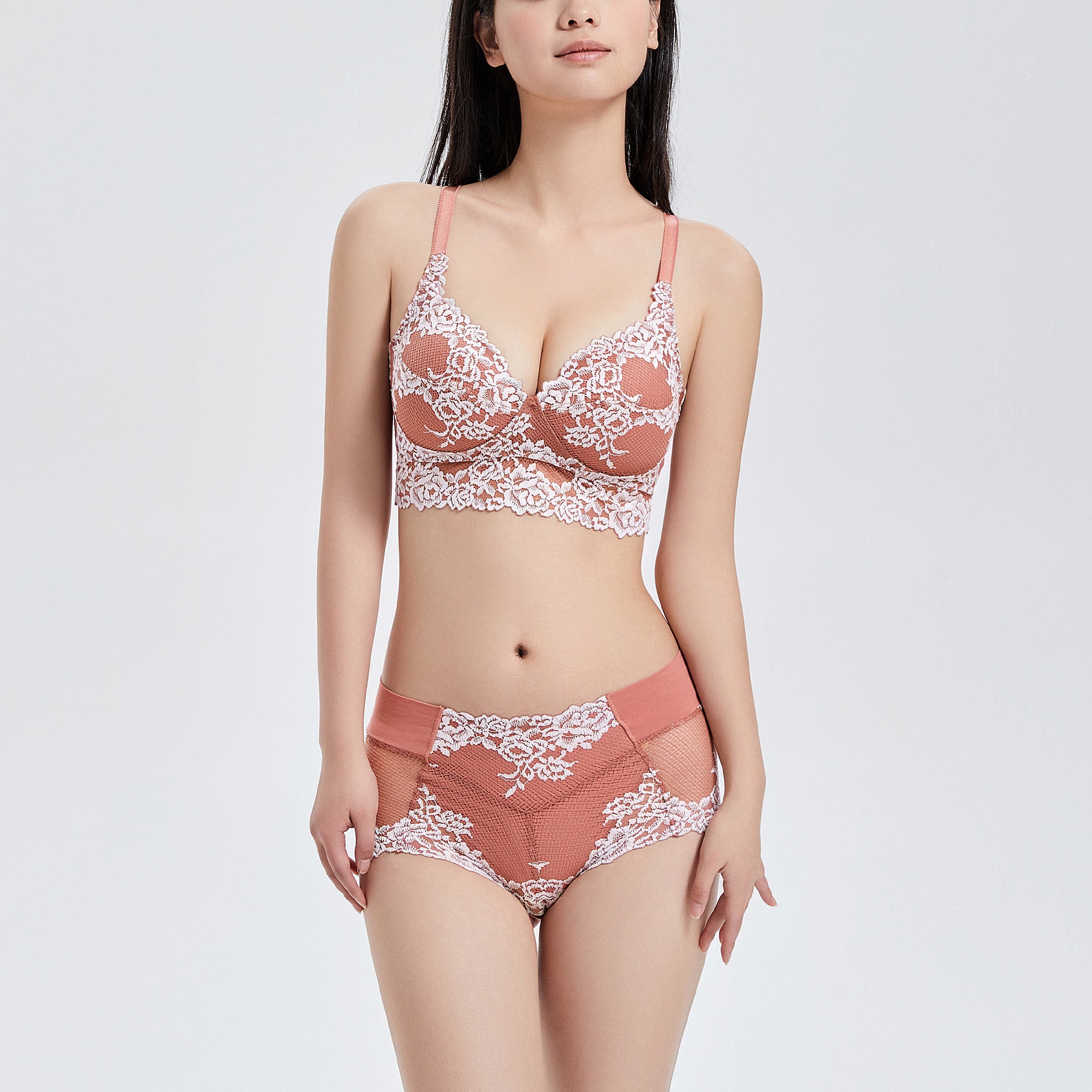 ノンワイヤーレーシーブラ〈ホワイトローズ〉オパールピーチ+LINE登録 送料無料